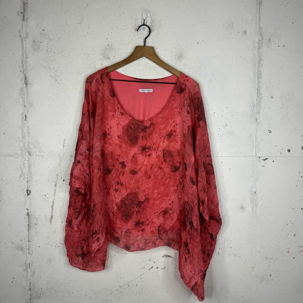 Tempo Paris Silk Blend Flowy Scoop Neck Tie Dye Blouse Dolman Sleeves S/M